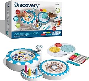 Discovery Kids Color Creations Spin & Twist Art Maker Set with 3 Paints and 6 Markers, Create Unique Drip Artwork & Geometric Spiral Designs, Battery Powered Portability, Fun Kids Arts & Crafts Toy