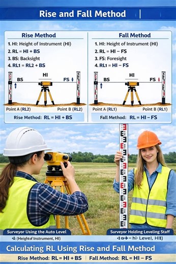 📌 Rise and Fall Method – Key Points Concept - A precise leveling method in surveying. - Determines Reduced Levels (RLs) by comparing consecutive staff readings. - Smaller staff reading → Rise - Larger staff reading → Fall --- Steps 1. Take Back Sight (BS) on a benchmark (known RL). 2. Take Fore Sight (FS) on the next point. 3. Calculate: - Rise = BS − FS (if BS > FS) - Fall = FS − BS (if FS > BS) 4. Find RL of next point: - RL(next) = RL(previous) Rise - RL(next) = RL(previous) − Fall 5. Repeat