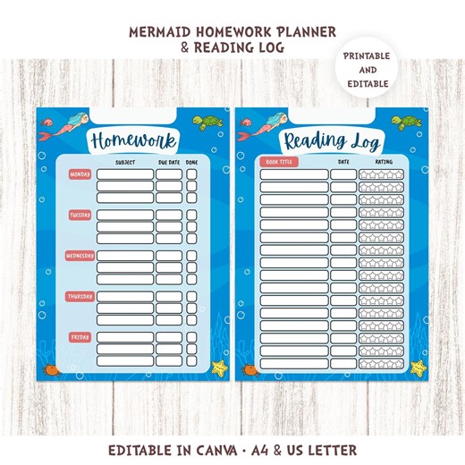 Mermaid Homework Planner & Reading Log Kids Printable | Student Planner PDF Canva - Etsy