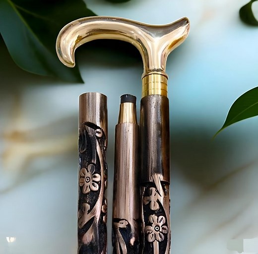 Hand Carved Floral Wooden Walking Cane: Vintage Style Brass Handle - Etsy