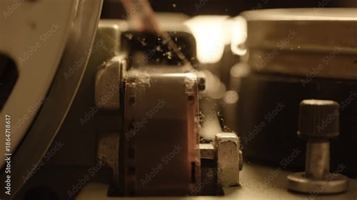 Close up view of a vintage film projector in use, showing the mechanics and film strips moving