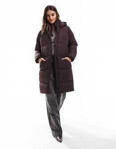 French Connection longline puffer coat with hood in dark chocolate | ASOS