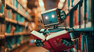 IT robot reads books in the library
