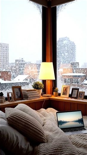 Snowy City Window ❄️ Cozy Winter Bedroom