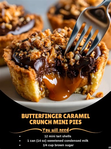 5.7K views · 16 reactions | Butterfinger  Caramel Crunch Mini Pies Ingredients: Mini Pies: 12 mini tart shells (store-bought or homemade) 1 can (14 oz) sweetened condensed milk 1/4 cup brown sugar 1/4 cup butter 1/4 cup heavy cream 1/2 teaspoon vanilla extract Chocolate Layer: ..... Full Recipe in Coʍmеոτ   | Tasty Recipes | Facebook