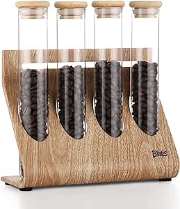 Bincoo Glass Storage Container Set with Display Rac,4PCS 5 Floz Glass Storage Jars for Coffee Beans, Candies,Tea Leaves