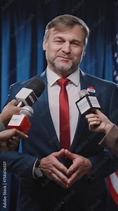 Medium vertical shot of journalists with microphones interviewing confident mature Caucasian male Republican governor or senator, campaigning for nomination in American presidential electionMedium ver Stock Video