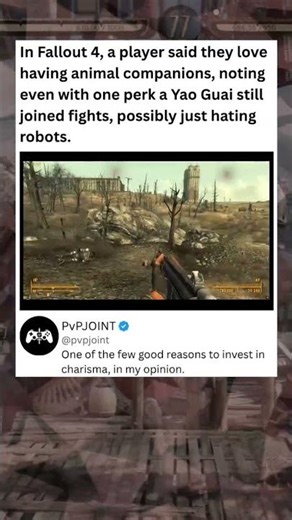 In Fallout 4, a player said they love having animal companions, notingeven with one perk #fallout4
