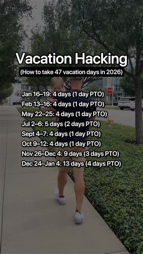 Brennan Schlagbaum, CPA - Personal Finance Expert on Instagram: "Want to turn 11 vacation days into 47? Federal holidays and long weekends can help 😉 Just start today, and follow this schedule: Jan 16–19: 4 days (1 day PTO) Feb 13–16: 4 days (1 day PTO) May 22–25: 4 days (1 day PTO) Jul 2–6: 5 days (2 days PTO) Sept 4–7: 4 days (1 day PTO) Oct 9–12: 4 days (1 day PTO) Nov 26–Dec 4: 9 days (3 days PTO) Dec 24–Jan 4: 13 days (4 days PTO) Tag someone who could use an extra day off (or 50) this yea
