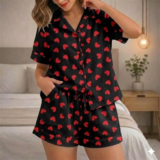 Red Heart Pajamas Set, Custom Lace Trim Sleepwear, Valentine Loungewear, Cute Heart Print Pjs, Pattern Collar Romantic Top - Etsy