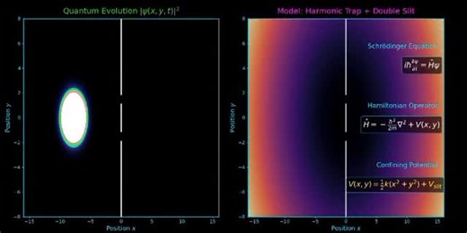 Um tiquinho de Física on Instagram: "The video shows the time evolution of a quantum wave function passing through a double slit under a harmonic potential. On the left, the probability density spreads and forms interference patterns; on the right, the physical setup and the Hamiltonian are displayed.#physics"