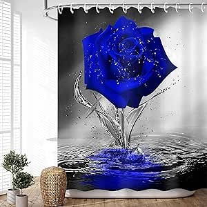 Blue Rose Shower Curtain for Bathroom, Elegant Blooming Floral with Dew Spring Flower Reflection on Water Modern Romantic Valentine's Day Bathroom Decor Shower Curtains Set with 12 Hooks69X84 Inches