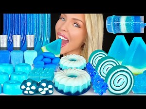 ASMR BLUE DESSERT MUKBANG, CAKE PUSH POP, BLUE RASPBERRY JELLY SLICE, LAYERED JELLO, MINI DONUT 먹방