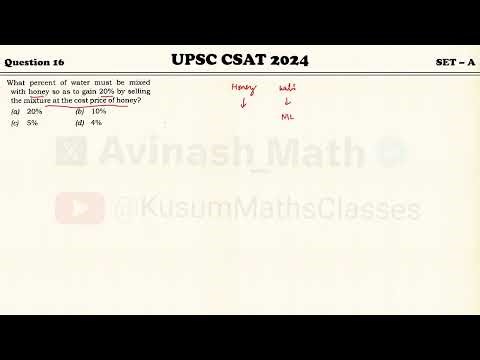 What percent of water must be mixed with honey so as to gain 20% #upsc_csat
