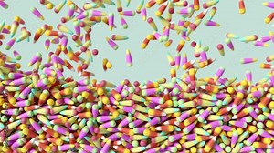 Colorful corn halloween candies falling down from above and filling the screen. Traditional halloween sweets vivid motion background pattern.