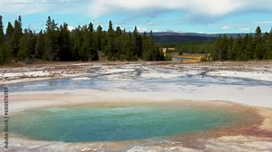 Midway Geyser Basin Grand Prismatic Spring Yellowstone National Park Old Faithful Grand loop scenic Wyoming Idaho mist steam thermal colorful yellow aqua blue wind morning cinematic still