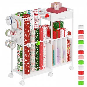 Advwin Gift Wrapping Paper Storage Cart with Drawer, Rolling Gift Wrap Station with Ribbon & Gift Bage Storage, Multi-purpose Craft Organizer Rack for Home, Office, School or Gift Shop, White