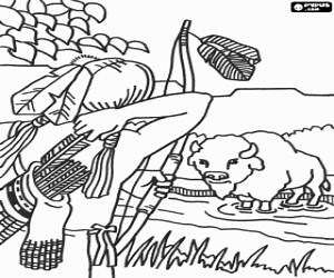 The hunter with the bow and a bison coloring page printable game