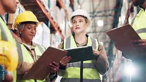 Logistics, group and tablet with meeting in warehouse for inspection, storage control and service delivery. Planning, supervisor and stock checklist for inventory management and freight distribution