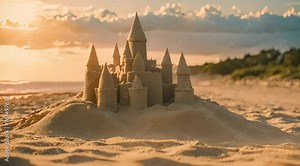 Simple sand castle on the beach, sunny day