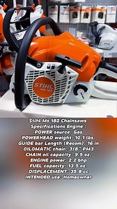 Stihl Ms 182 Chainsaws Specifications Engine :😍😍🥰🥰 POWER source: Gas POWERHEAD weight: 10.1 lbs. GUIDE bar Length (Recom): 16 in OILOMATIC chain: 3/8" PM3 CHAIN oil capacity: 9.5 oz. ENGINE power: 2.2 bhp FUEL capacity: 13.5 oz. DISPLACEMENT: 35.8 cc INTENDED use: Homeowner #fblifestyle #husqvarna #engine #chainsaw #stihl #motosierras #motorfúrész #kettensäge #tronçonneuse #chainsawman #stihlchainsaw #motosega #motosierra #motorsage #láncfűrész | Xi Farhan AiXi