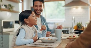 Parents, children and a girl eating spaghetti with her family in the dining room of their home together for supper. Food, kids and father around a table for a meal, bonding over dinner in a house