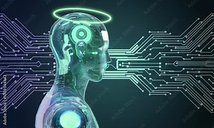A futuristic AI robot with a halo representing the potential for AI to improve humanity.