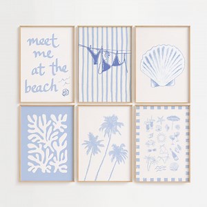 Blue Coastal Beach Gallery Wall, Digital Art Download, 8 Printables, Cute Summer Art Prints, Girly Wall Art, Trendy Beach House Decor - Etsy