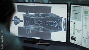 An engineer examining the blueprint of multiple heavy machine parts in a program. Engineer using the development program to design detail blueprints. Engineering program inspecting turbine blueprint.