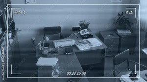 No people CCTV panoramic shot of vintage office in 90s with outdated technology. Workspace for two clerks with computer, typewriter, plants and piles of documents