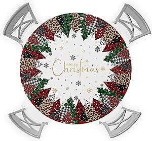 Christmas Tree Round Tablecloth with Elastic Plaid Leopard Evergreen Snowflakes Colorful Waterproof Stain-proof Table Cover Wipeable Fitted Table Cloths Round Tablecloth for Christmas Party, 45"-54"