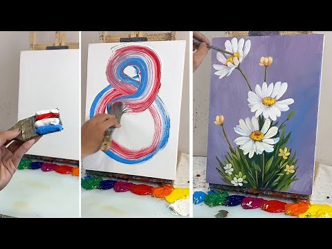 How to Paint White Daisies on Purple Background | Easy Acrylic Flower Painting Tutorial #074