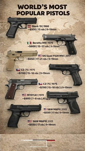 Top 7 Most Popular Pistols in the World | Glock 19, M1911A1, Beretta M9, SIG M18