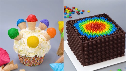 Colorful ice cream cupcake and rainbow chocolate cube cake