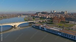 Avignon's Historic Bridge and Palais Backdrop - aerial flyover