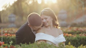First meeting.The bride sees the groom for the first time on their wedding day. The bride looks at the groom