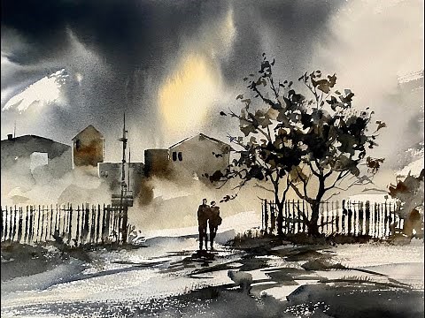 Simple BEGINNER'S Watercolour Urban Landscape, EVENING STROLL watercolor painting tutorial demo