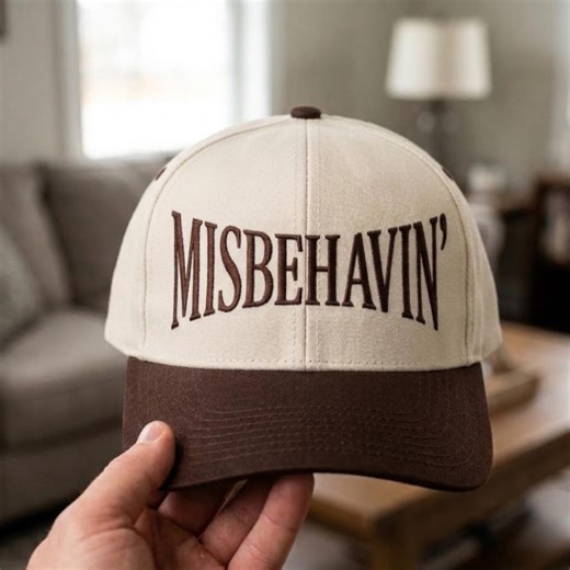 Two Tone Cotton Baseball Cap: "Misbehavin'" Vintage Look Adjustable Hat
