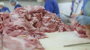 Cutting and processing of meat at a meat-packing plant. Food industry