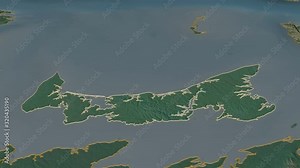Prince Edward Island, province with its capital, zoomed and extruded on the relief map of Canada in the conformal Stereographic projection. Animation 3D