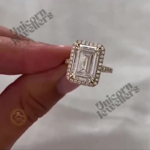 Emerald Cut Lab Grown Engagement Ring, Hidden Halo, Handmade Gold or Silver, Lab-Grown Diamond Option, Women Bridal Jewelry Gift, Rings