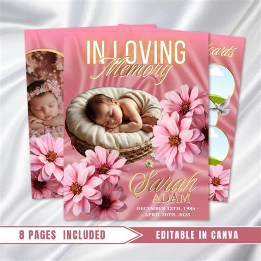 Pink Gold Roses Baby Funeral Program: 8-page Memorial Celebration of Life (canva Template) - Etsy