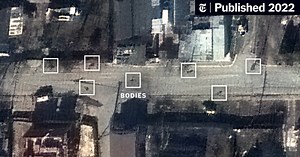 Satellite images show bodies lay in Bucha for weeks, despite Russian claims.