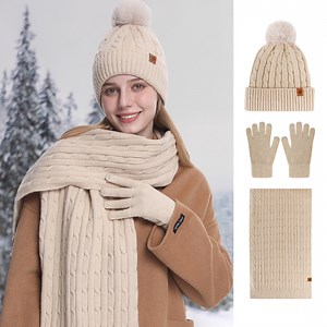 Keyroal Women's Winter Hat Scarf Gloves Set 3-Piece, Ultra Warm Fleece Lined Cable Knit Beanie with Pom Pom, Touchscreen Gloves for Cold Weather, Beige
