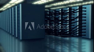 Datacenter infrastructure network server computer, cloud computing database connection technology secure. 4K UHD 3D video loop abstract tech blurred background.