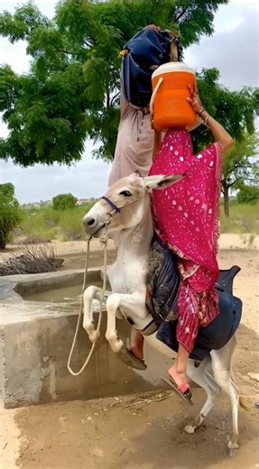 The bride sat on a donkey while filling water. The groom helped her, and the donkey stood proudly.