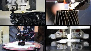4 in 1! Objects printed by 3d printer. Fused deposition modeling, FDM. Progressive additive technology. Concept 4.0. Multicam split screen group video wall collage montage composite seamless loop.