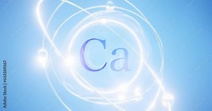 calcium symbol - Ca inside a sphere with orbiting atoms and electrons, calcium carbonate 3d rendering