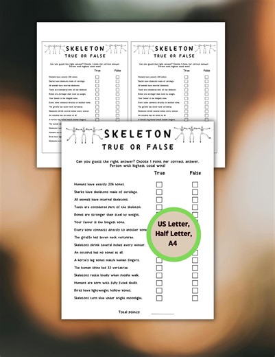 Skeleton True or False Game, Skeleton Trivia,skeleton Quiz Halloweentrivia Game, Printable Halloween Skeleton Quiz, Halloween Party Activity - Etsy