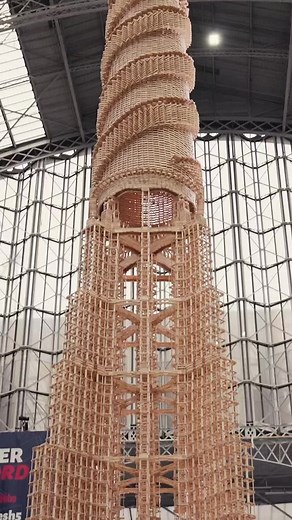 Tallest tower made from wooden toy blocks: 27.46 metres (90 ft 1.1 in) by @KaplaBen🇨🇭and team in 2023. The tower which was constructed at Olympia in London was built with the help of Michael Aitchison, Thomas Bosboom, Wout Dutoit, Mathieu Carillat, Vincent Franck, Alexander Franck, Antoine Sanchez, Thibault Piollat, Jonathan Wild, Enzo Bruder, Martin Lavigne, Hugo Pronost, Lily Hevesh, Joseph Silvente, Sophie Davis, Urla Ryan, Richard Juszt and Anna Muheim.